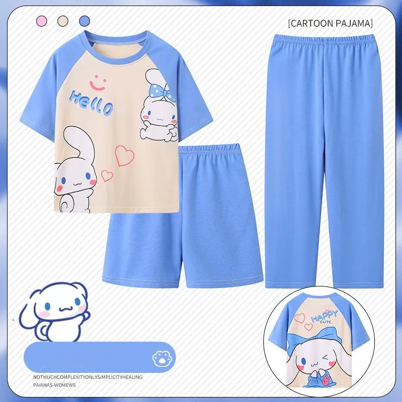 

3Pcs Kawaii Sanrio Mymelody Cinnamoroll Kuromi Pochacco Cartoon Cute Cotton Pajamas Short-Sleeved Pants Summer Loungewear Gift