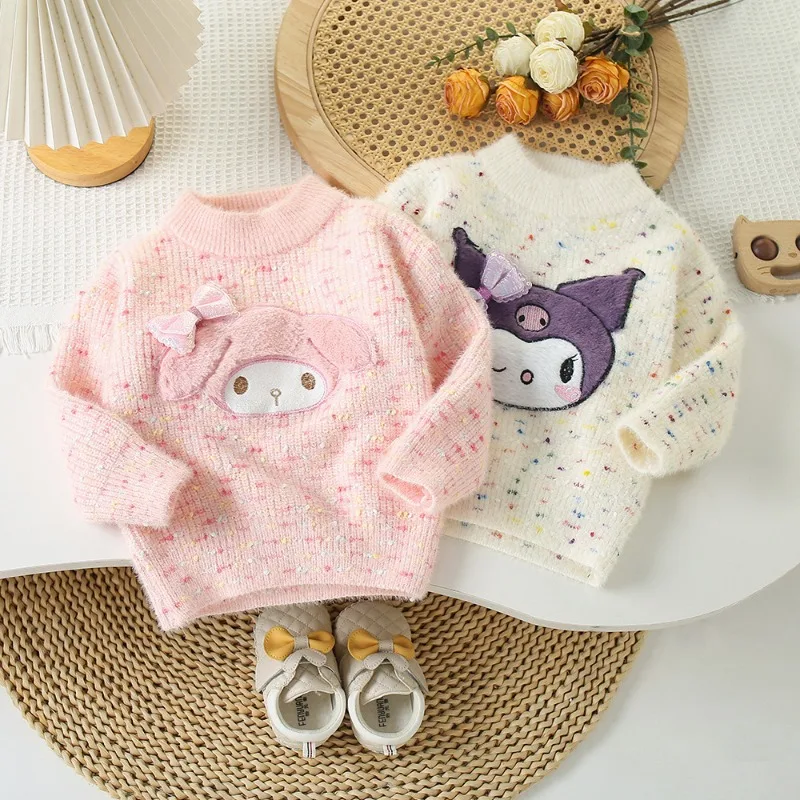 

Kawaii Sanrio My Melody Children Sweater Kuromi Cute Cartoon Versatile Thickened Knitted Top Girl's Autumn Winter Warm Clothing