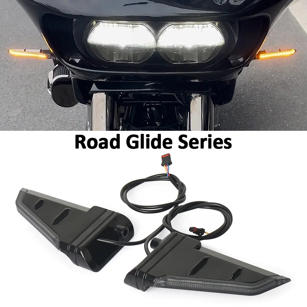 Фото Новинка для Road Glide FLTRX FLTRK FLTRU 2015-2023, боковые светодиодные указатели поворота мотоцикла, струящиеся огни, двойные мигающие лампы, черные №1
