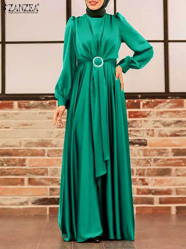 

ZANZEA Casual Solid Spring Muslim Maxi Dress Women Satin Abaya Kaftan Lapel Long Sleeve Ruffle Robe Elegant Loose Vestidos