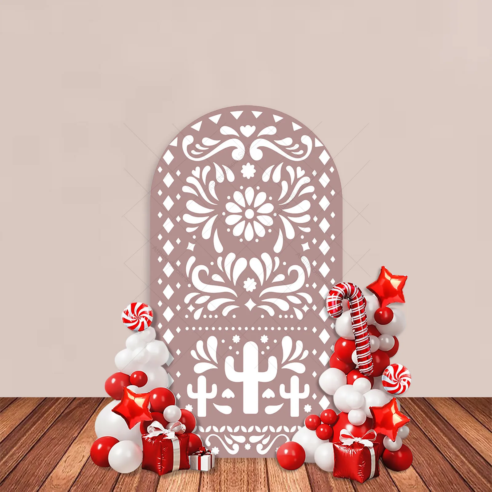 Коричневый бежевый красный Cielito Lindo арочный фон с мексиканским цветком кактуса