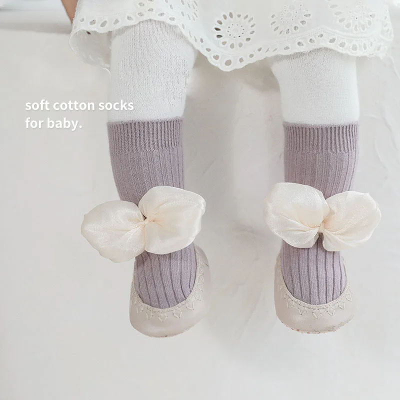 2022 Autumn and Winter New Baby Floor Shoes and Socks Korean Princess Bow Baby Toddler Shoes and Socks Cute Leather Sole Shoes