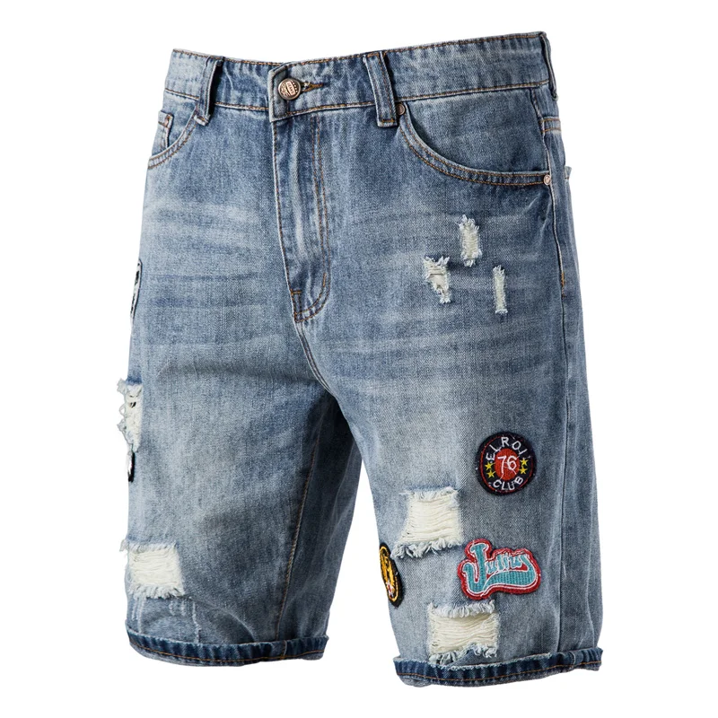 

new Spliced Hole Short Jeans Men Casual Streetwear Mid Waist Cotton Blue Denim Shorts for Men Summer Fashion Shorts for Men
