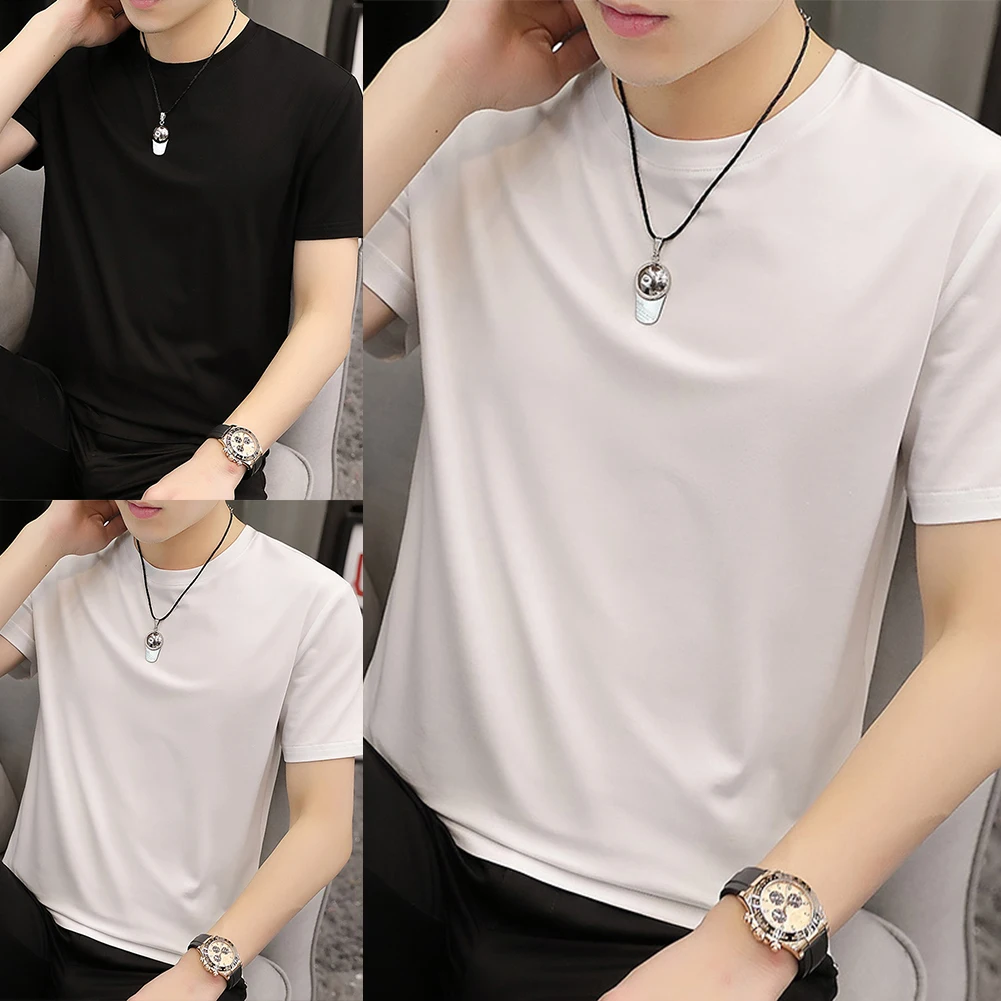 

Fashion Mens Seamless Thin Comfortable Undershirts Stretch Round-Neck Basic Breathable Tops Summer Male T Shirt Black White