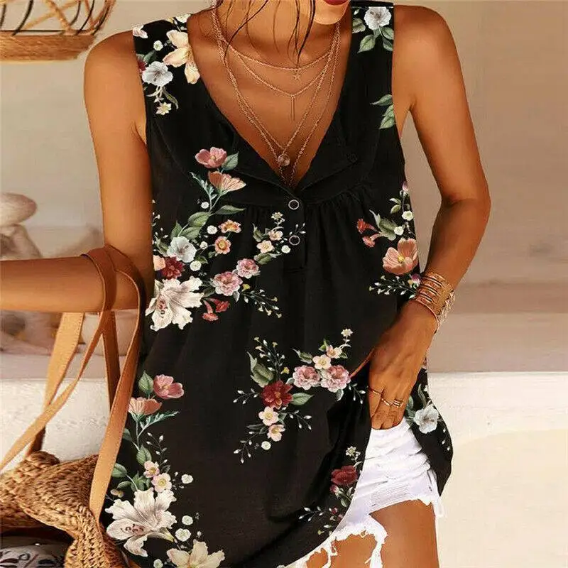 

Womens V-Neck Sleeveless Plus Size Summer Casual Blouse Tank Top Floral