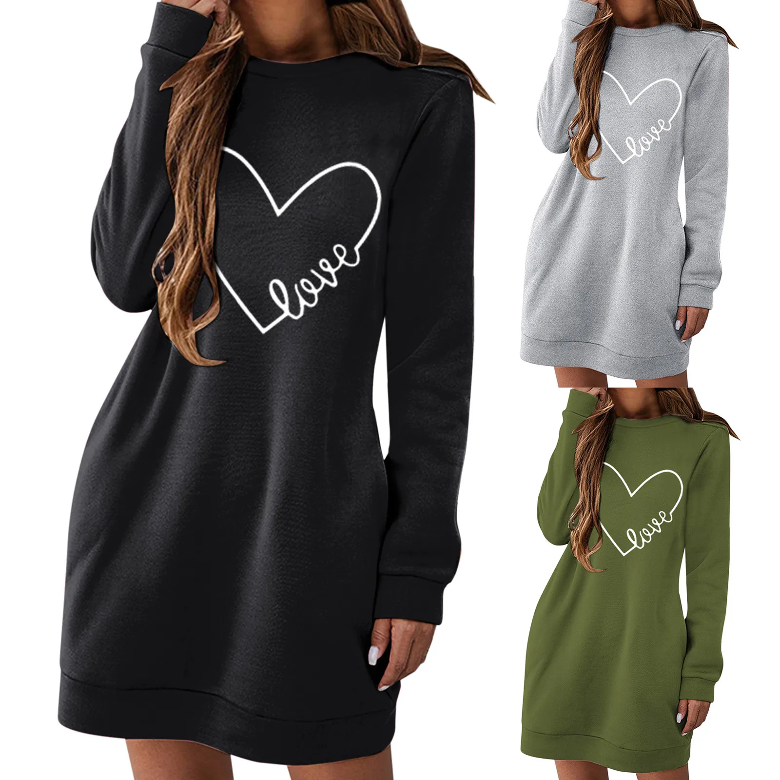 

Satin Short Dress Womens Casual Dresses Round Neck Sweatshirt Long Sleeve Love Shirts Mini Dress Summer Dress with Belt