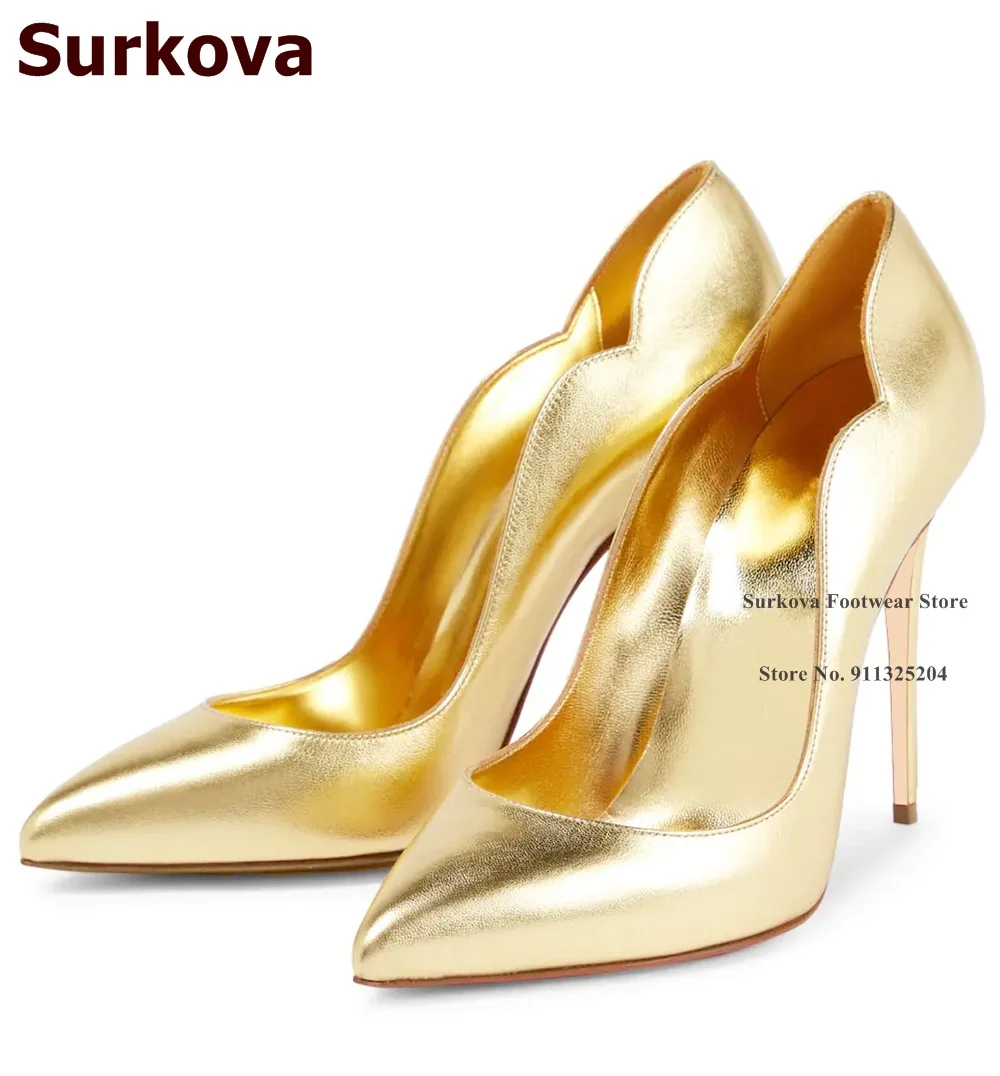 

Surkova Gold Metallic Matte Glossy High Heel Shoes Special Shallow Cut 12cm Stiletto Wedding Pumps Slip-on Pointy Toe Shoes