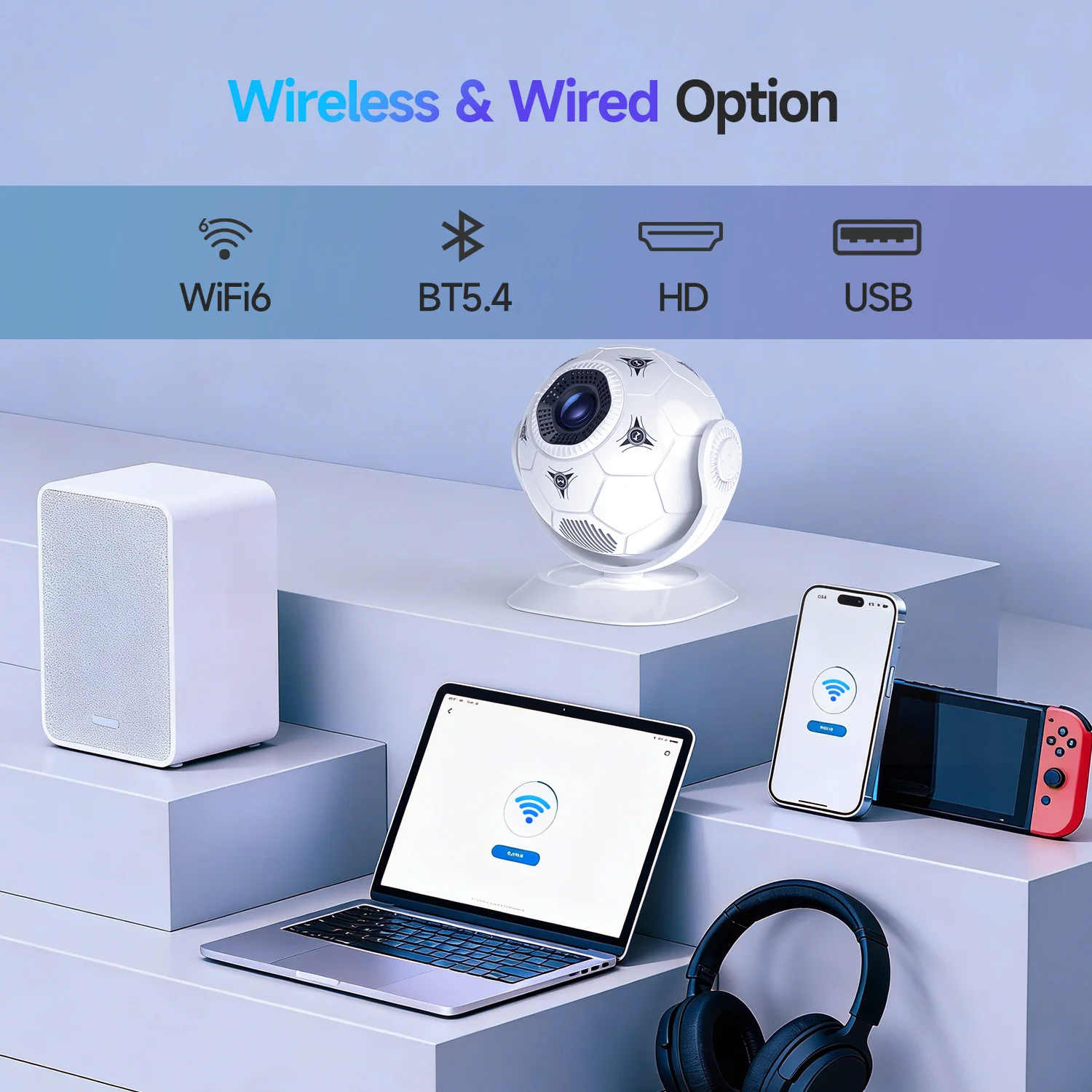 Фото Проектор Magcubic HY300F 8K, 300 ANSI люмен, домашний LED-проектор на Android 14 с Wi-Fi 6 и BT 5.4, футбольный дизайн для домашнего кинотеатра и улицы №5
