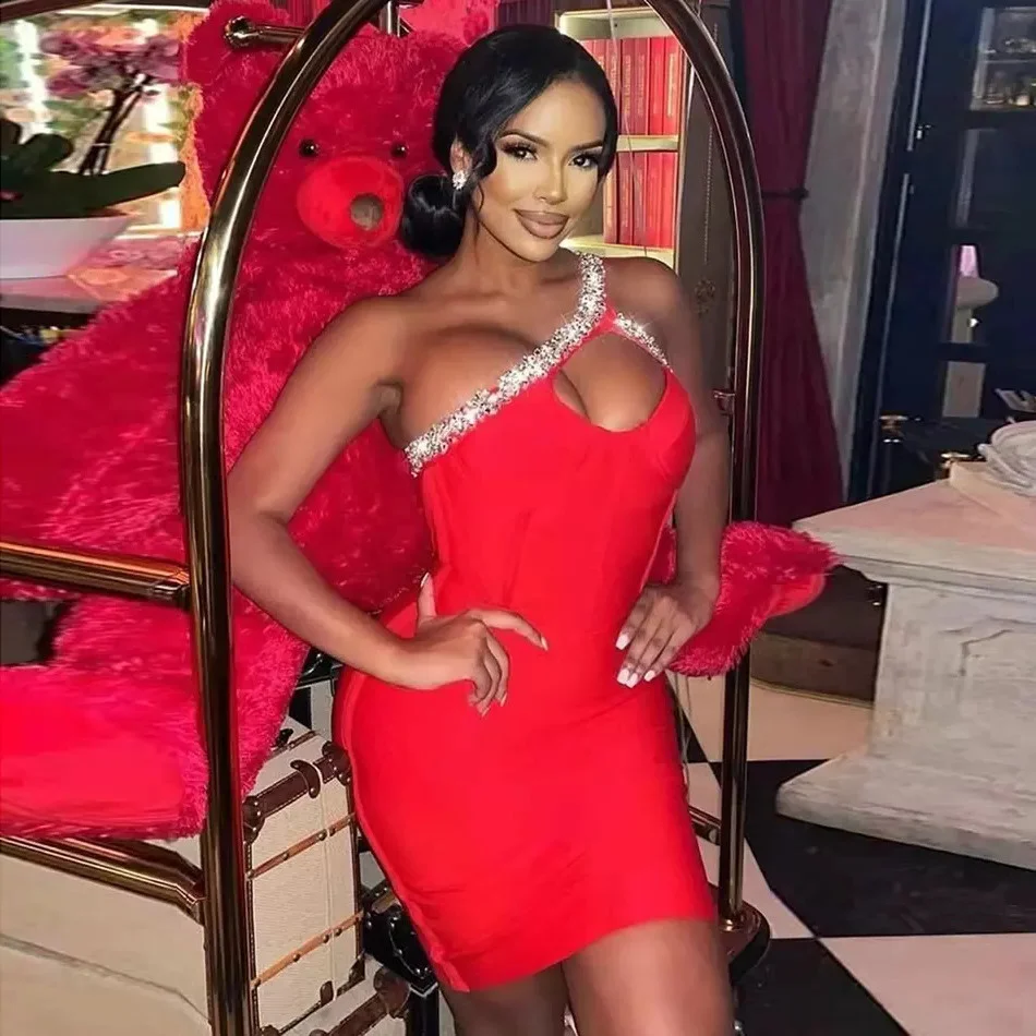 

High Quality Red Blue Black One Shoulder Sparkly Beading Rayon Bandage Dress Elegant Cocktail Party Dress Vestidos