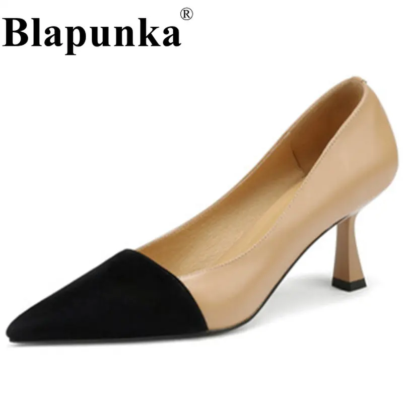 

Женские туфли-лодочки из овечьей кожи Blapunka, черные туфли-лодочки на тонком высоком каблуке с острым носком, в стиле пэчворк, офисные туфли из овечьей кожи, Размеры 33-41,
