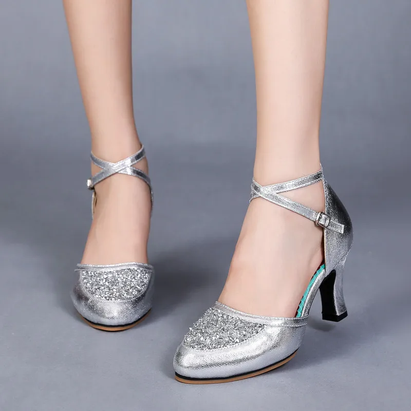 Professional Women Latin Modern dance shoes Ballroom medium high heel dance shoes drill Soft soled Cha cha tango dance shoes
