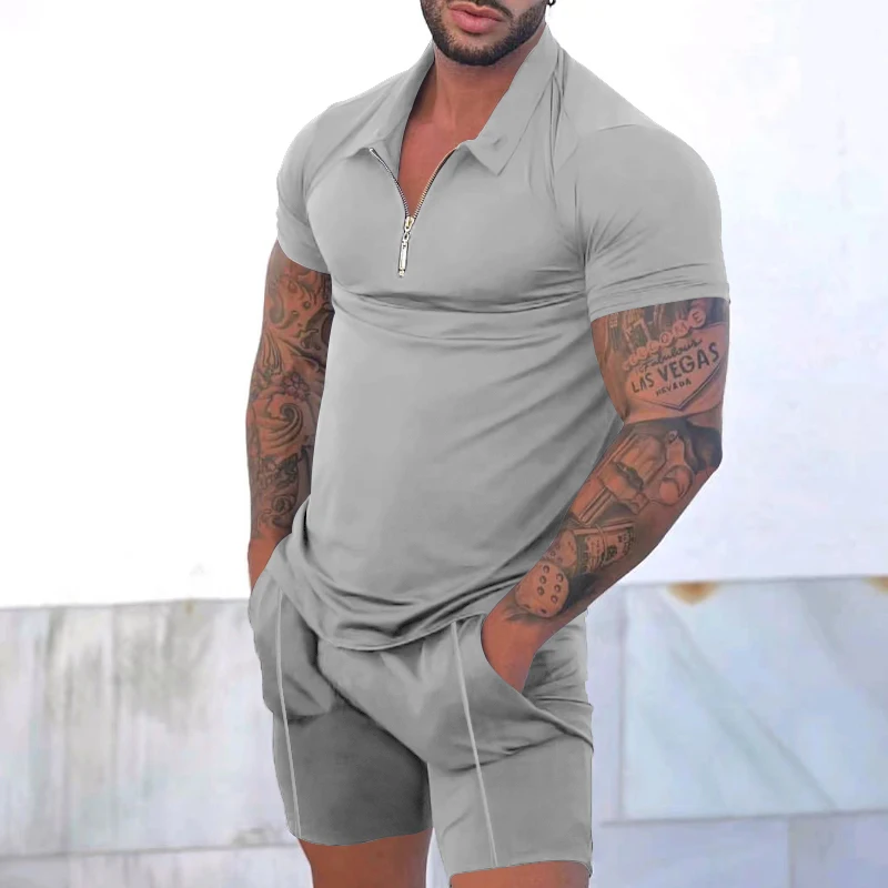 

Summer men's casual fashion solid color V-neck zipper short-sleeved POLO shirt + shorts trendy two-piece set