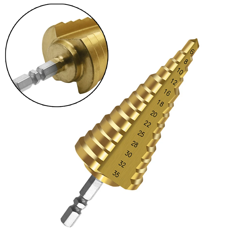 1pc 6-35mm Metal Drill  1/4 Inch  Hex Shank Titanium Coated Straight Slot 13 Step High Speed Steel Hole Cutter Set HSS Step Dril