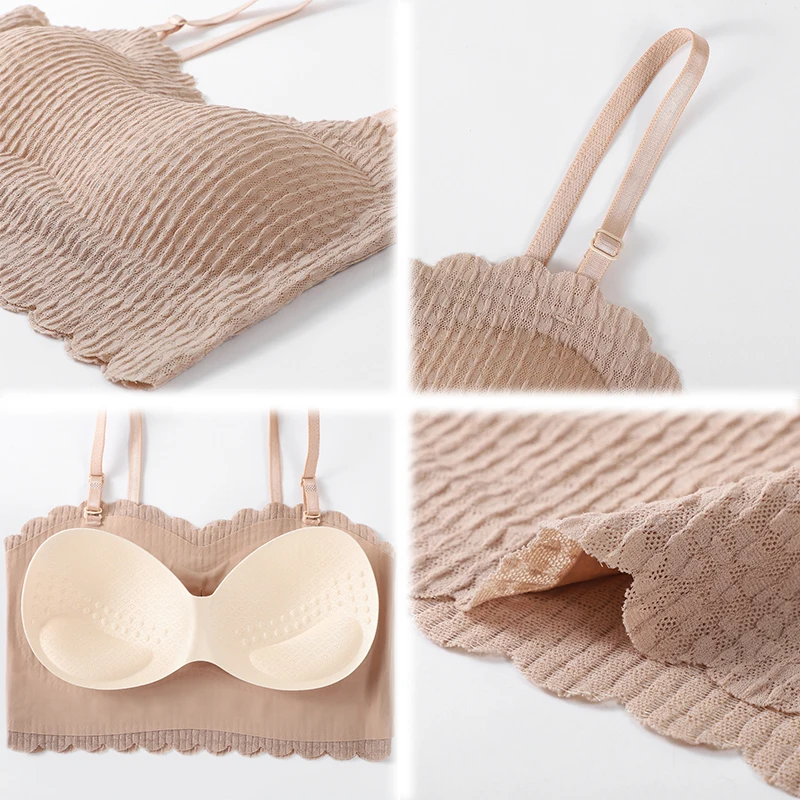 2pcs/set New Thin seamless Tube Top No Straps Non-slip Women Underwear Small Breasts gather No Steel Ring Latex Cup Pad