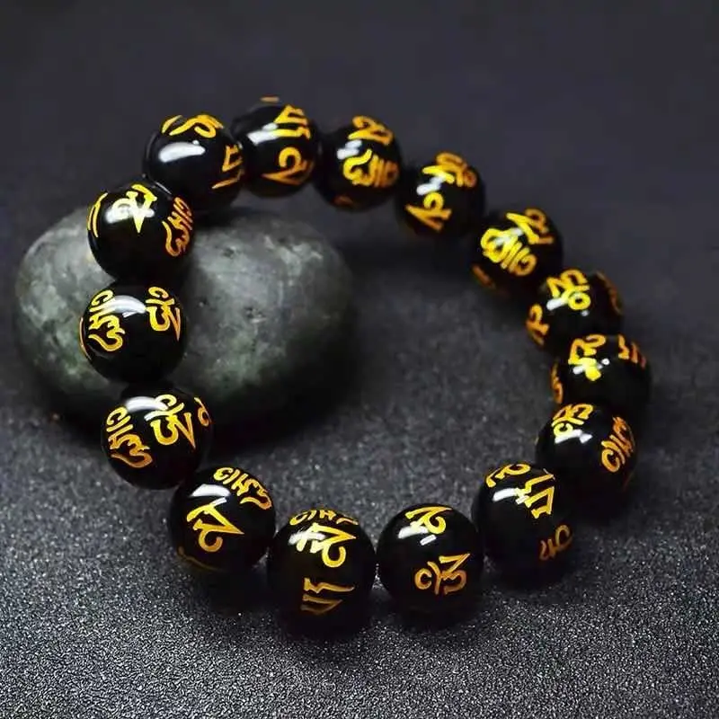 

Natural Obsidian Buddha Bead Bracelet for Men Casual Supplies Six Character Proverbs Hand String for Women Jewelry Accessories