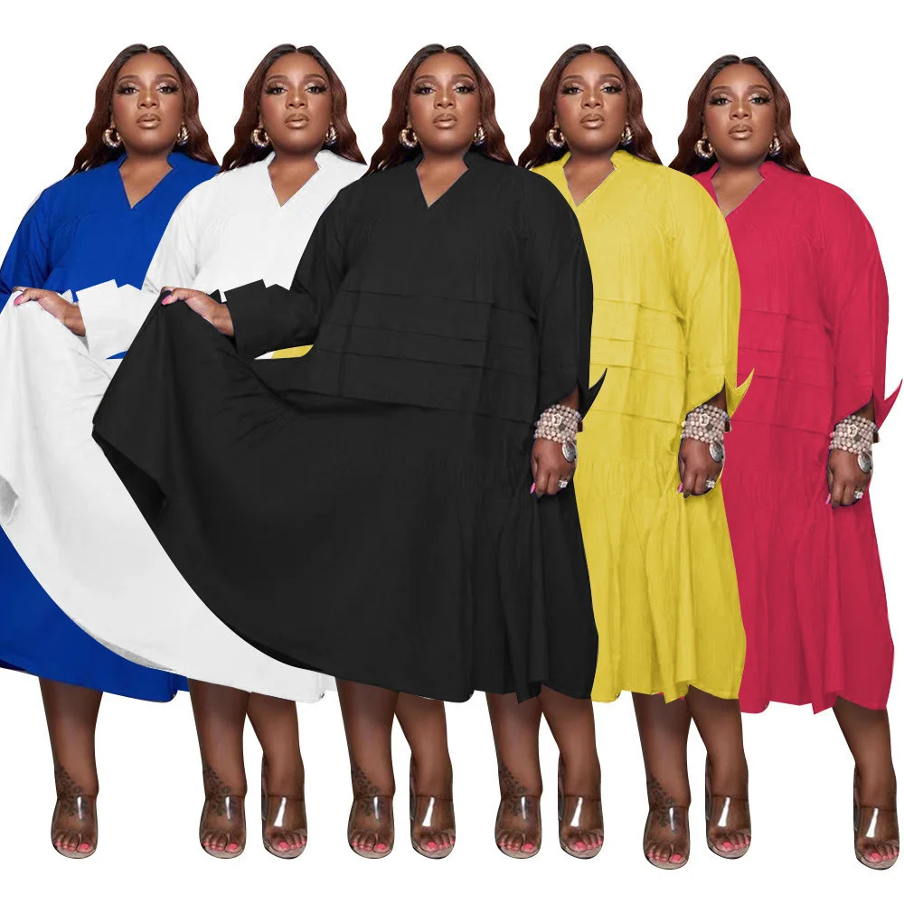 Plus Size New Fall Shirt Dresses for Women Clothes Wholesale Casual Loose Big Hem v Neck Fold Maxi Dress Stre 3xl 4xl 5xl 6xl
