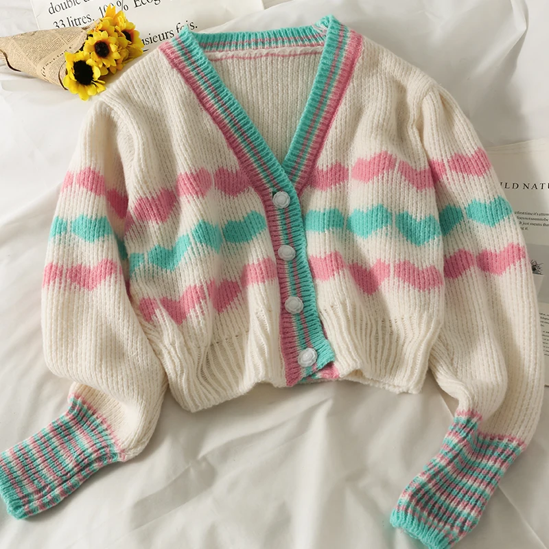 

Women 2022 New Elegant Long Sleeve Sweater Single-breasted Female Short Cardigan Soft Flexible Striped Knitted Sweater