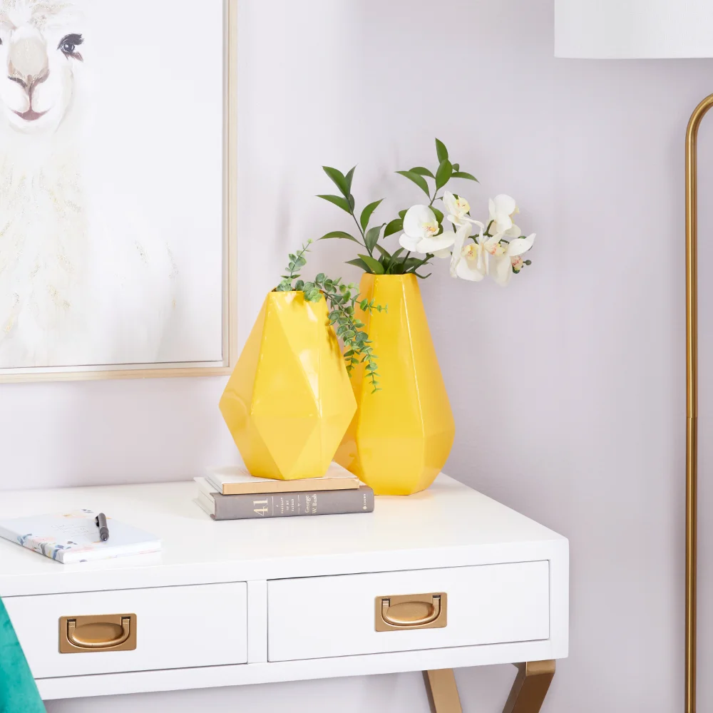 

BOUSSAC 12", 10"H Geometric Metal Vase, Set of 2, Nordic Style Home Decor, Ceramic Vase, Home Decoration, Desk Decoration