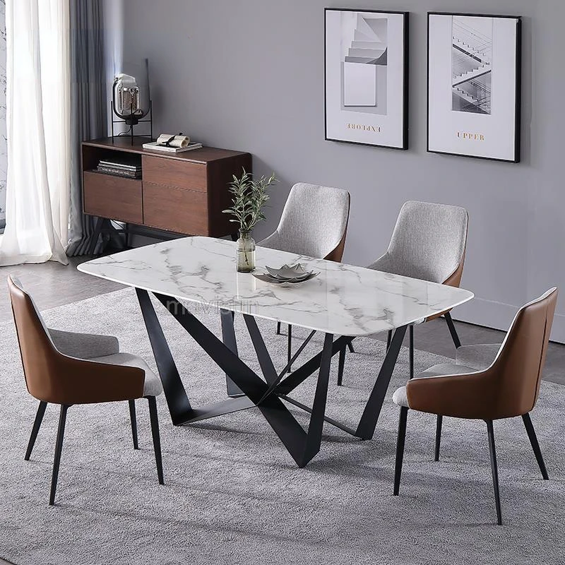 

Natural Marble Dining Table And Chair Combination Italian Minimalist Modern Rectangular Iron Dining Table Kitchen Furniture