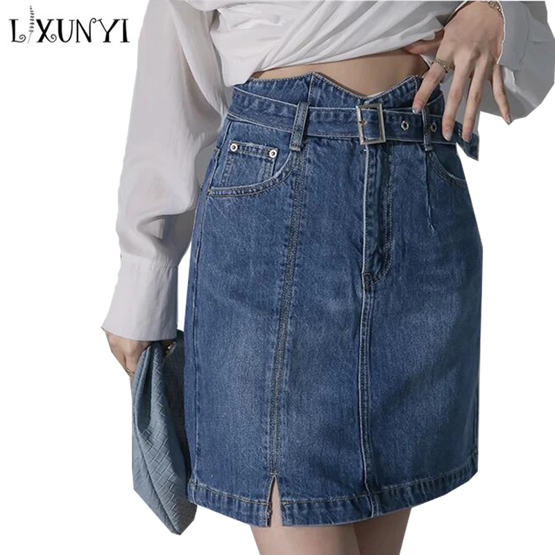 

LXUNYI Denim Skirt Women 2022 Summer New High Waist Slim A Line Jean Skirt Fashion Korean Casual Pencil Short Skirts With Belt