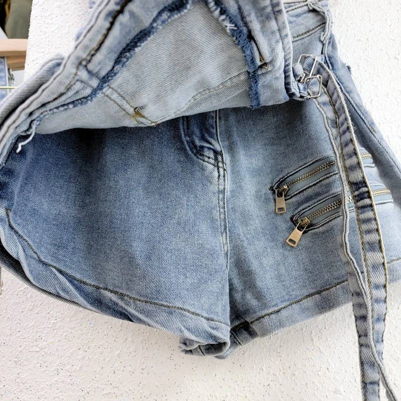 Korean Style Multi Pockets Cargo Denim Shorts Zipper Lace Up High Waist A-line Women Fashion Casual Jeans Culottes Streetwear