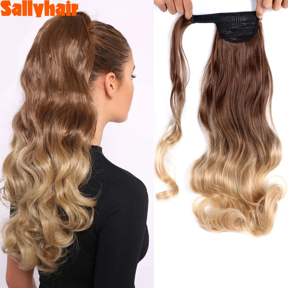 

Sallyhair 22-дюймовая синтетическая длинная волнистая обертка с застежкой-липучкой для конского хвоста накладные волосы нагреваемые искусствен...