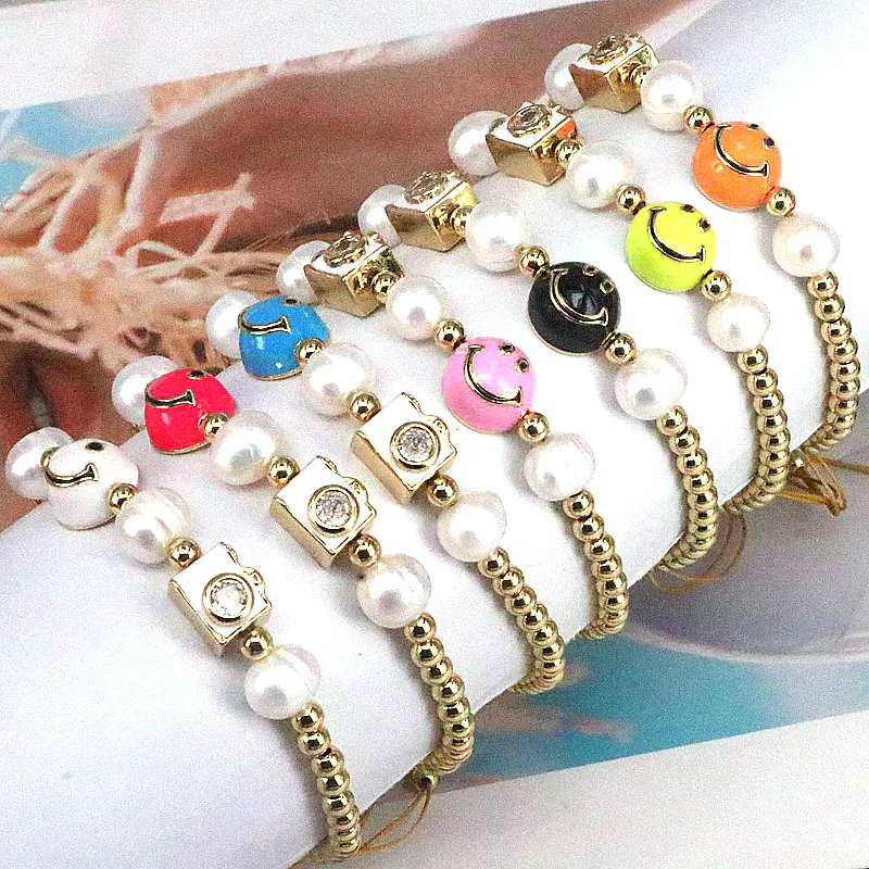 

6Pcs New Trendy Copper Beads With Pearl Bracelet Camera And Smile Face Enamel Jewelry Adjustable Elegant Women And Girl Gift