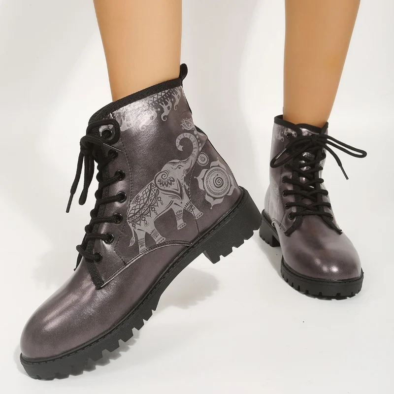

Новые мотоциклетные ботинки на шнуровке, женские модные ботильоны с принтом на массивном каблуке, женская обувь, женские ботинки, женские б...