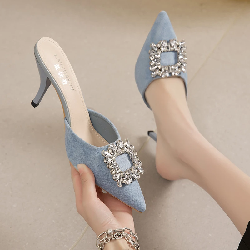 

Slippers Summer Shoes 2023 Trends Mules Luxury Brand Black Heels Elegant Party Sandals Rhinestone Stiletto Fashion Home Spring
