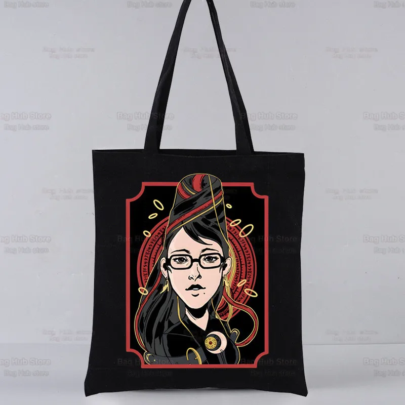 

Game Bayonetta Women's Shopper Bag Canvas Tote Shoulder Bags Shopping Bag with Print Black Cloth Handbags Eco Friendly