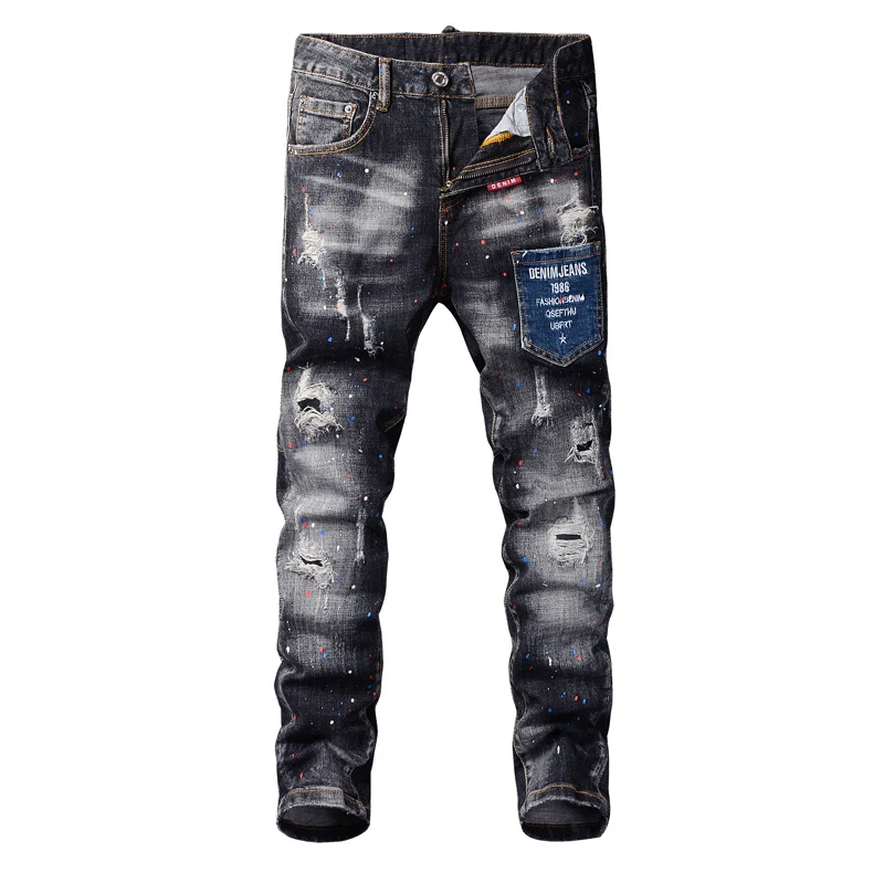 Streetwear Fashion Men Jeans Retro Gray Elastic Stretch Painted Slim Ripped Jeans Men Patch Pocket Designer Hip Hop Pants Hombre
