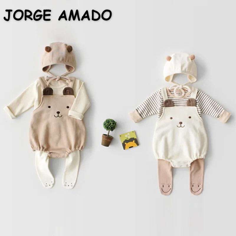 

2021 New Autumn Baby Girls Boys Clothes Sets Long Sleeves Striped T-shirt Top + Sling Bodysuit + Cap Children Outfits E124
