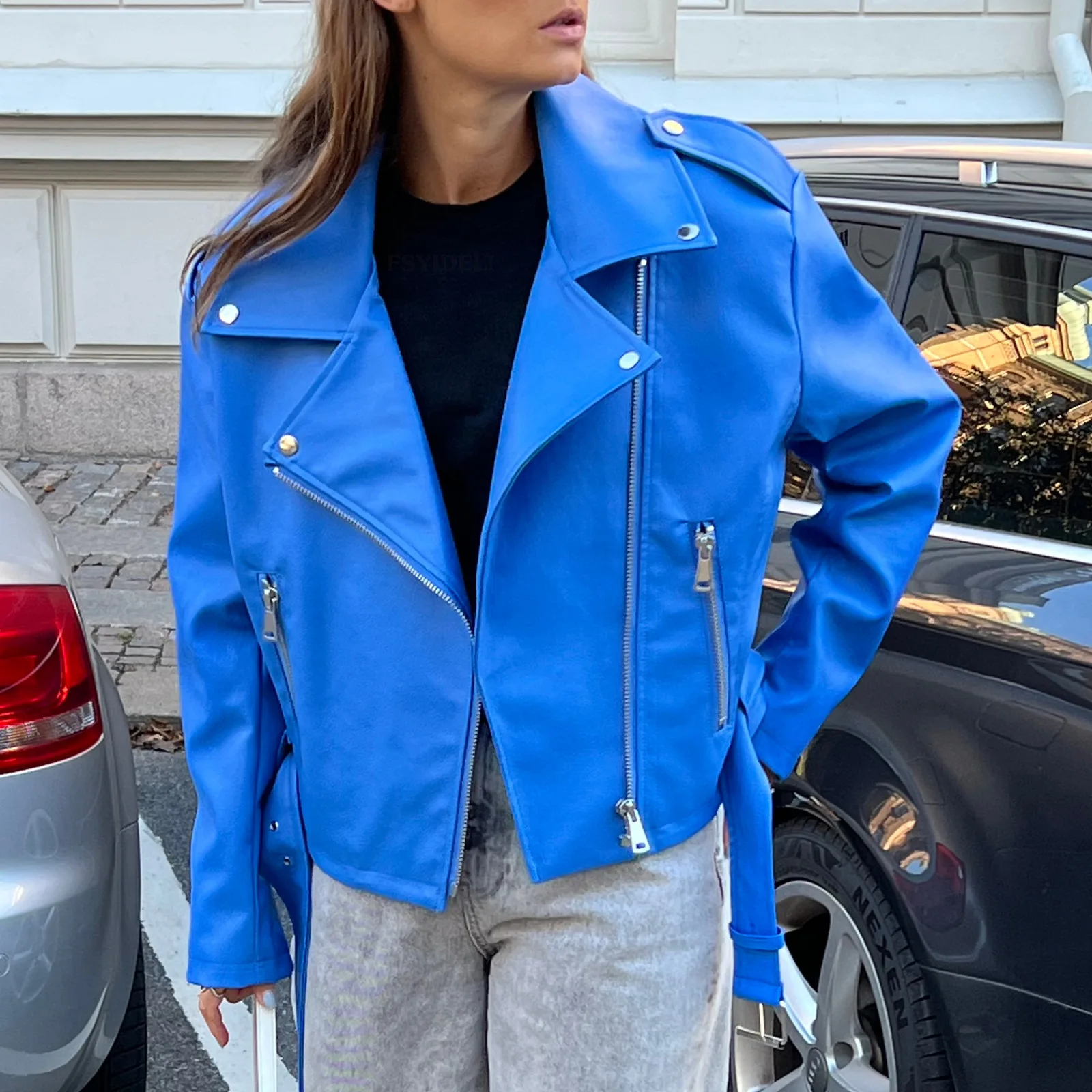 Harajuku Style Women Black Faux Leather Jacket 2022 Autumn Winter Vintage Loose Long Sleeve Coat Chic Lapel Loose Streetwear Y2K