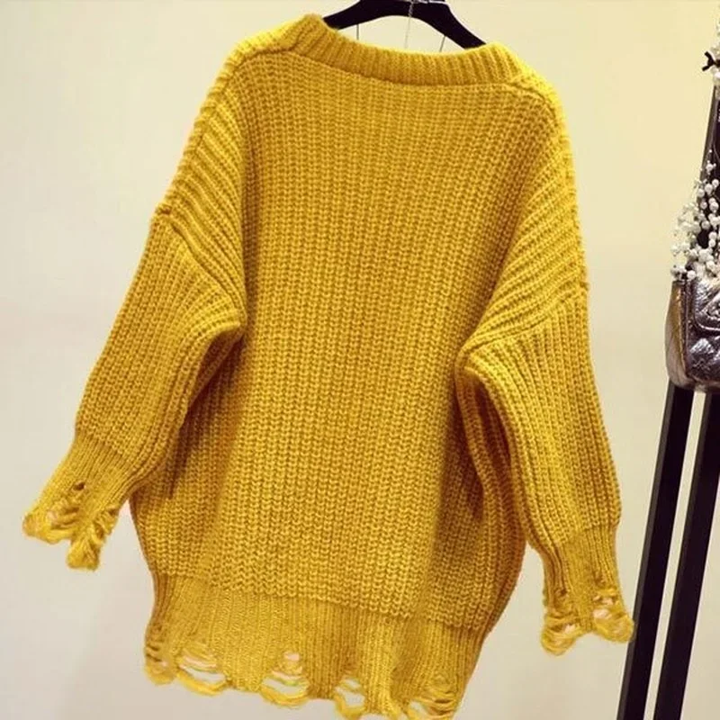 Женское пальто модный вязаный кардиган в Корейском стиле рваный топ свитер