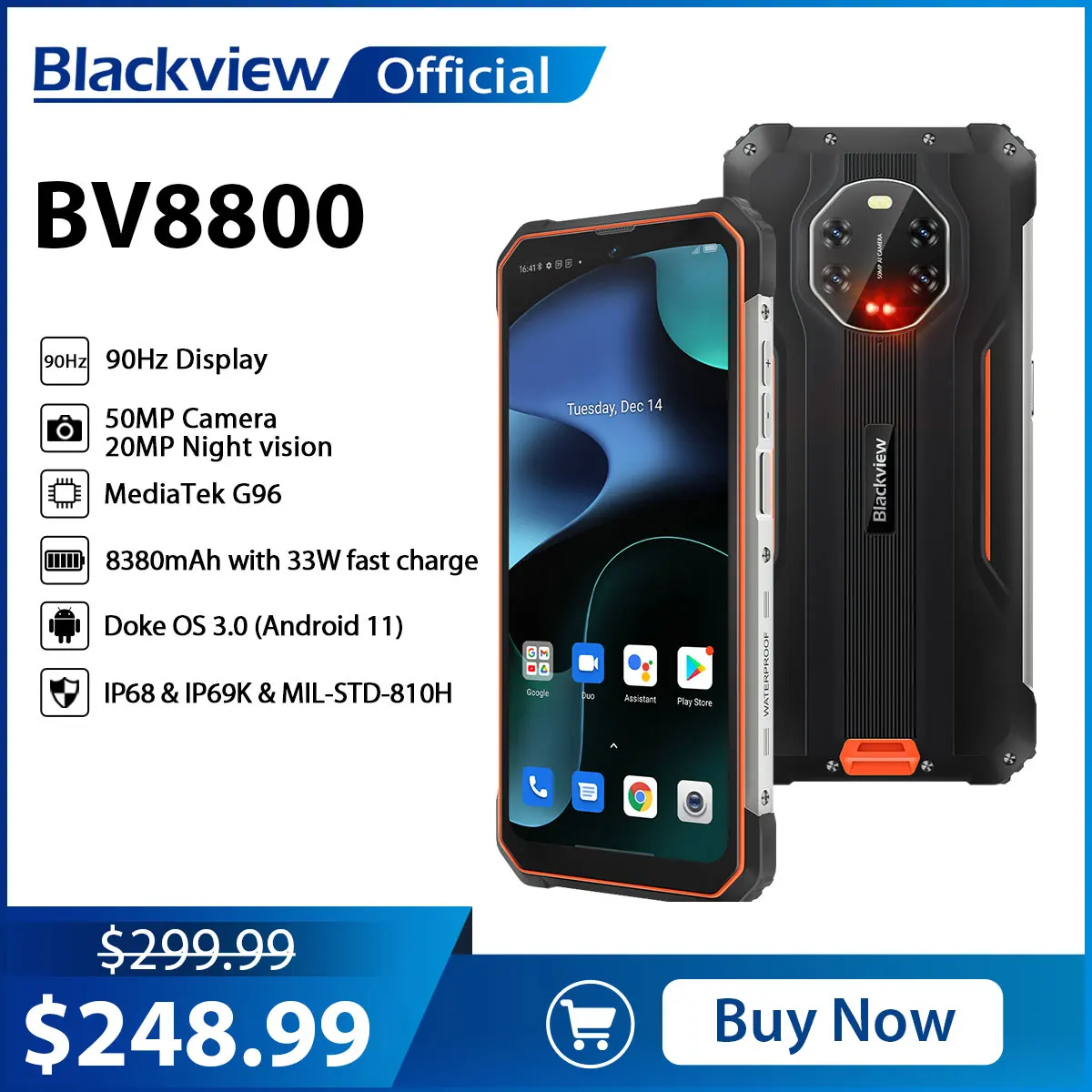 [In Stock] BLACKVIEW BV8800 Rugged Smartphone 90Hz Display 8GB+128GB Helio G96 8380mAh 50MP Camera  Mobile Phone Global Version