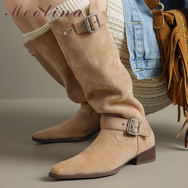 

Женские Плиссированные сапоги до колена Meotina, высокие сапоги абрикосового цвета с квадратным носком, на толстом среднем каблуке, с пряжкой, Осень-зима 40