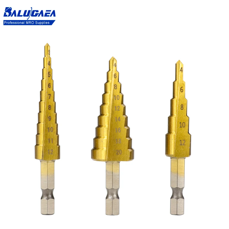 

Hexagonal Shank Stepped Drill Bit 3-12/4-12/20/32mm Titanium Coated Cone Drill Bit Set For Wood Metalworking Drilling Tools