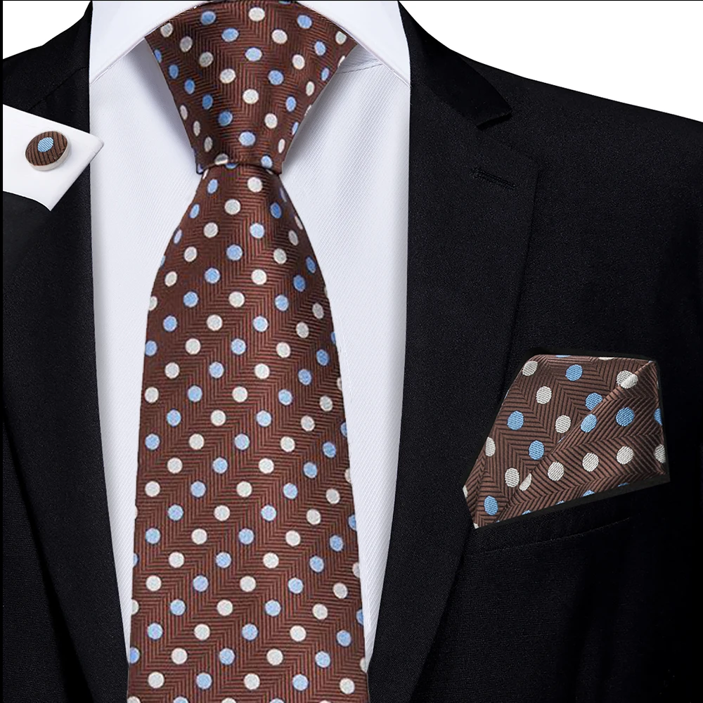 

Hi-Tie Designer Brown Dot Designer Silk Wedding Tie For Men Handky Cufflink Gift Mens Necktie Fashion Business Party Dropshiping