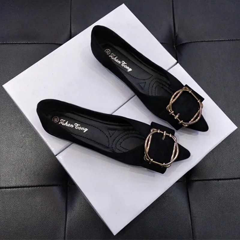 

2022 Spring square buckle ladies loafers shoes woman shallow slip on flats pointed toe ballerina plus size31-46