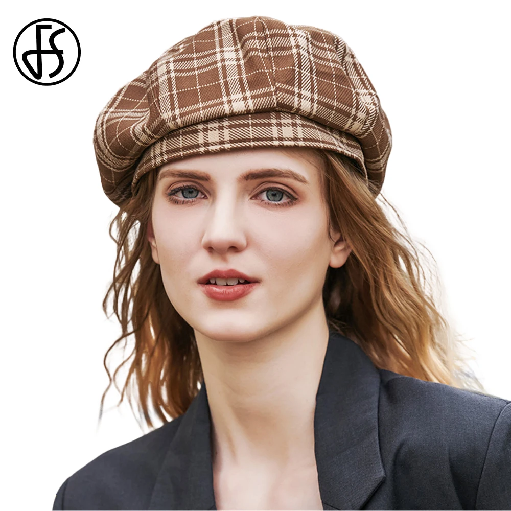 

Женский винтажный клетчатый берет FS, восьмиугольный берет в британском стиле, черного и белого цвета, на осень/зиму,