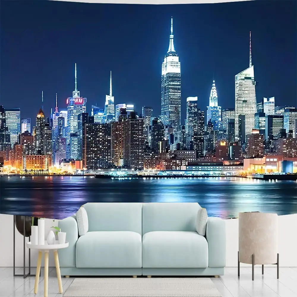 Фото Гобелен New York Skyline — вид на город окно с рекой и ночными огнями для декора гостиной, спальни или общежития №3