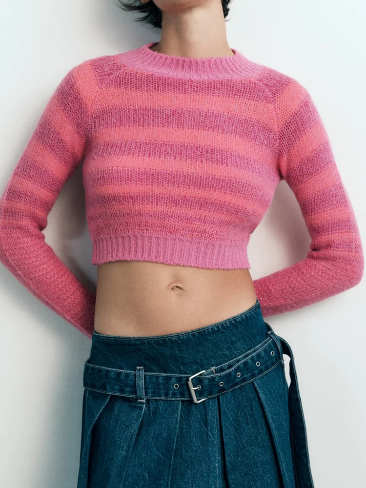

Fashion Contrast Striped Pullovers Female Round Neck Long Sleeve Cropped Sweaters For Women Streetwear Chic Knitwears Y2k Tops