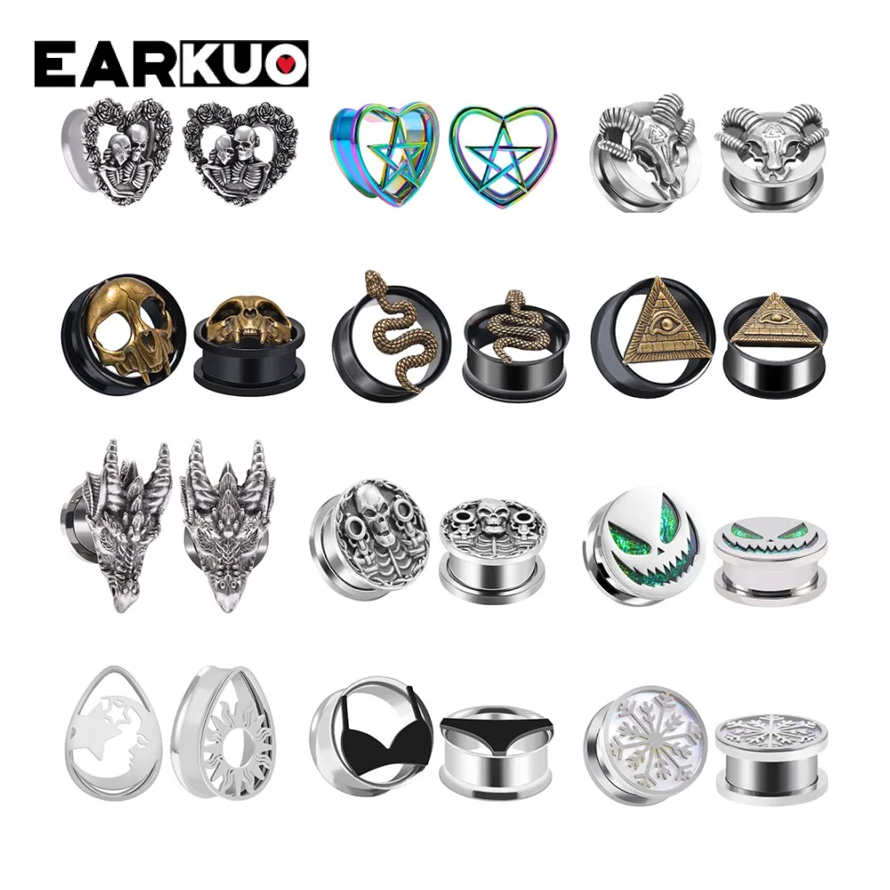 

EARKUO Unique Stainless Steel Animal Design Ear Plugs Tunnels Gauges Piercing Body Jewelry Earring Expanders Stretchers 2PCS