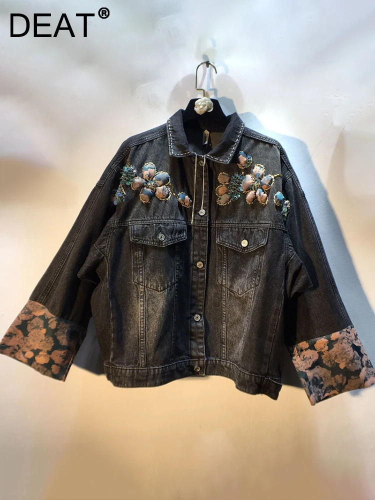 

DEAT Women's Denim Coat 3d Flowers Sequins Bright Lines Printed Black Spliced Sleeve Jackets 2023 Autumn New Fashion 29L3529