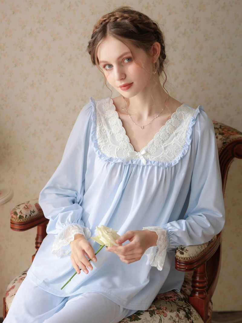 Spring Cotton Vintage Princess Long Night Loungewear French Retro Lolita Ruffles V-Neck Home Suit Sweet Lace Pajamas Sleepwear