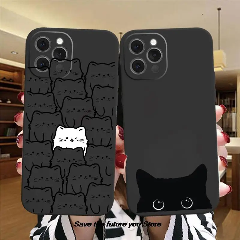 

Funny Cartoon Cat Phone Cover For iPhone 11 12 13 14 Pro XS Max X XR 7 8 14 Plus 13Mini Cute Black Soft Silicone TPU bumper Case