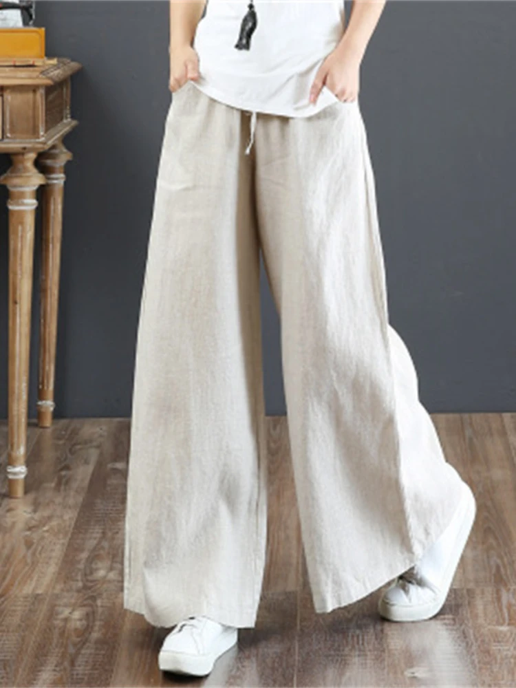 Spring Summer Harem Pant Women's Cotton Linen Pants Casual Loose Trouser Women Cotton Oversize Pockets Wide Leg Flares Pants