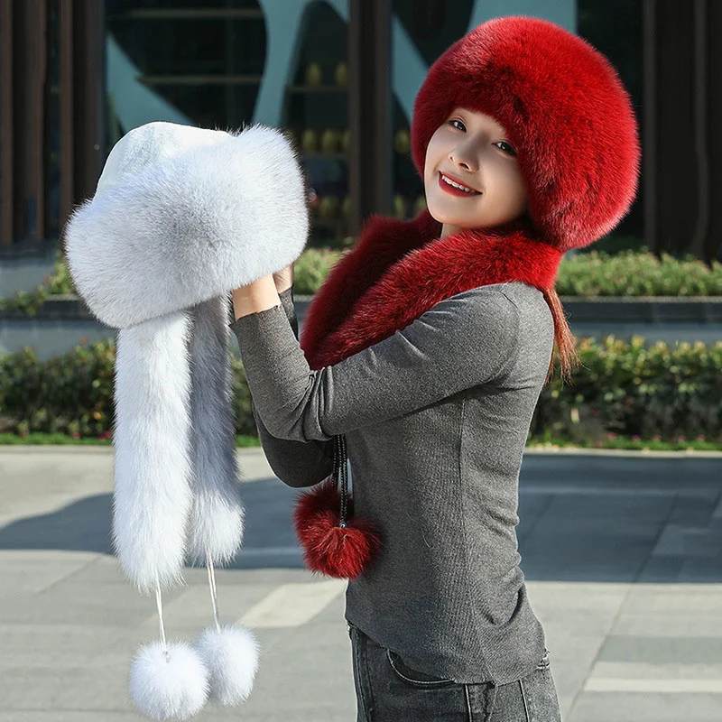 Natural Fox Fur Hat Scarf Winter Cap Ear-flapped Women Russian Ushanka Aviator Trapper Snow Skiing Cap Caps Fur Pompom Hat