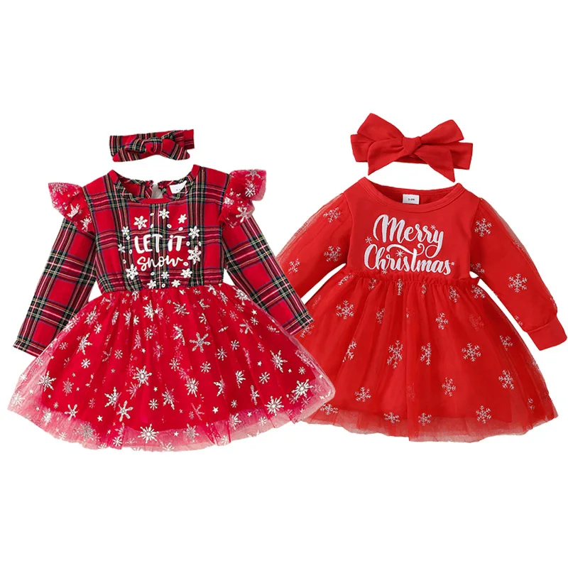 

Toddler Girls Christmas Tulle Patchwork Dress Long Sleeve Ruffle Plaid Letter Print Dress with Headband Children's Clothing
