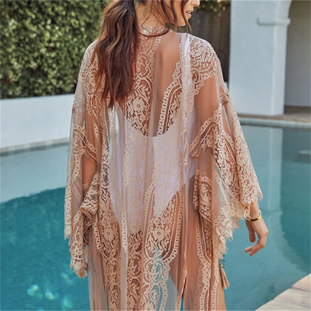 Розовый кружевной шифоновый вязаный крючком бикини накидка сексуальный